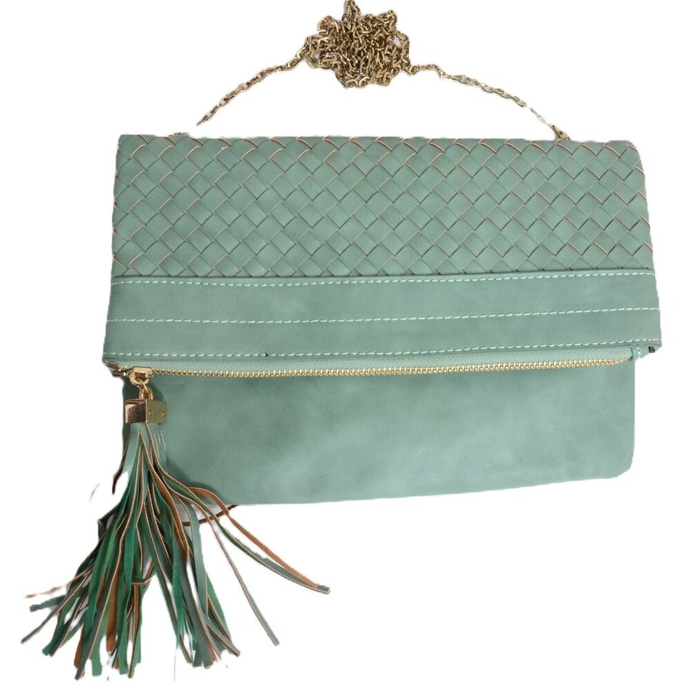 Urban Expressions Green Vegan Leather Fold-Over Clutch Crossbody Purse‎ Preppy